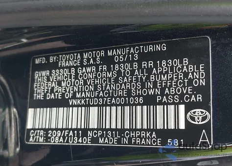 2014 Toyota Yaris Le (Tmmf Plant) из США, поврежденный, VIN VNKKTUD37EA001036